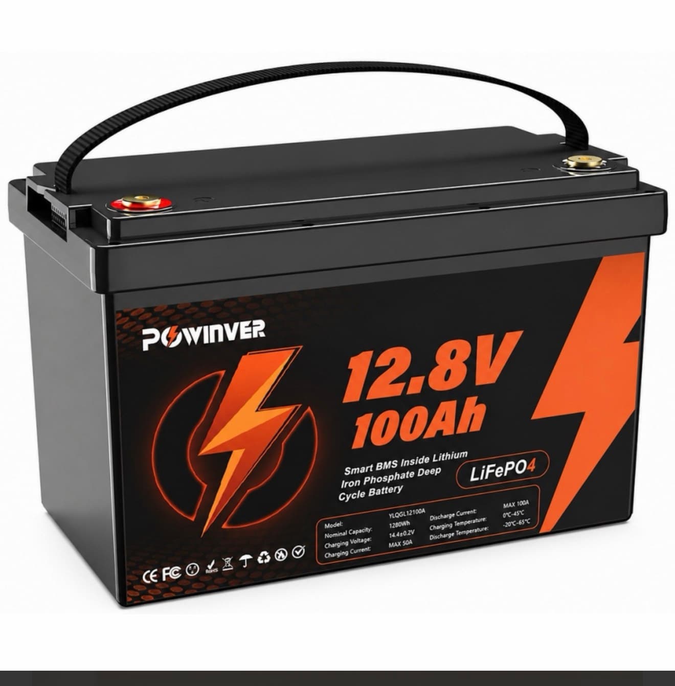 LiFePO4 12V 100Ah Акумулятор Powinver 1280Wh, 100A, BMS - зображення 1