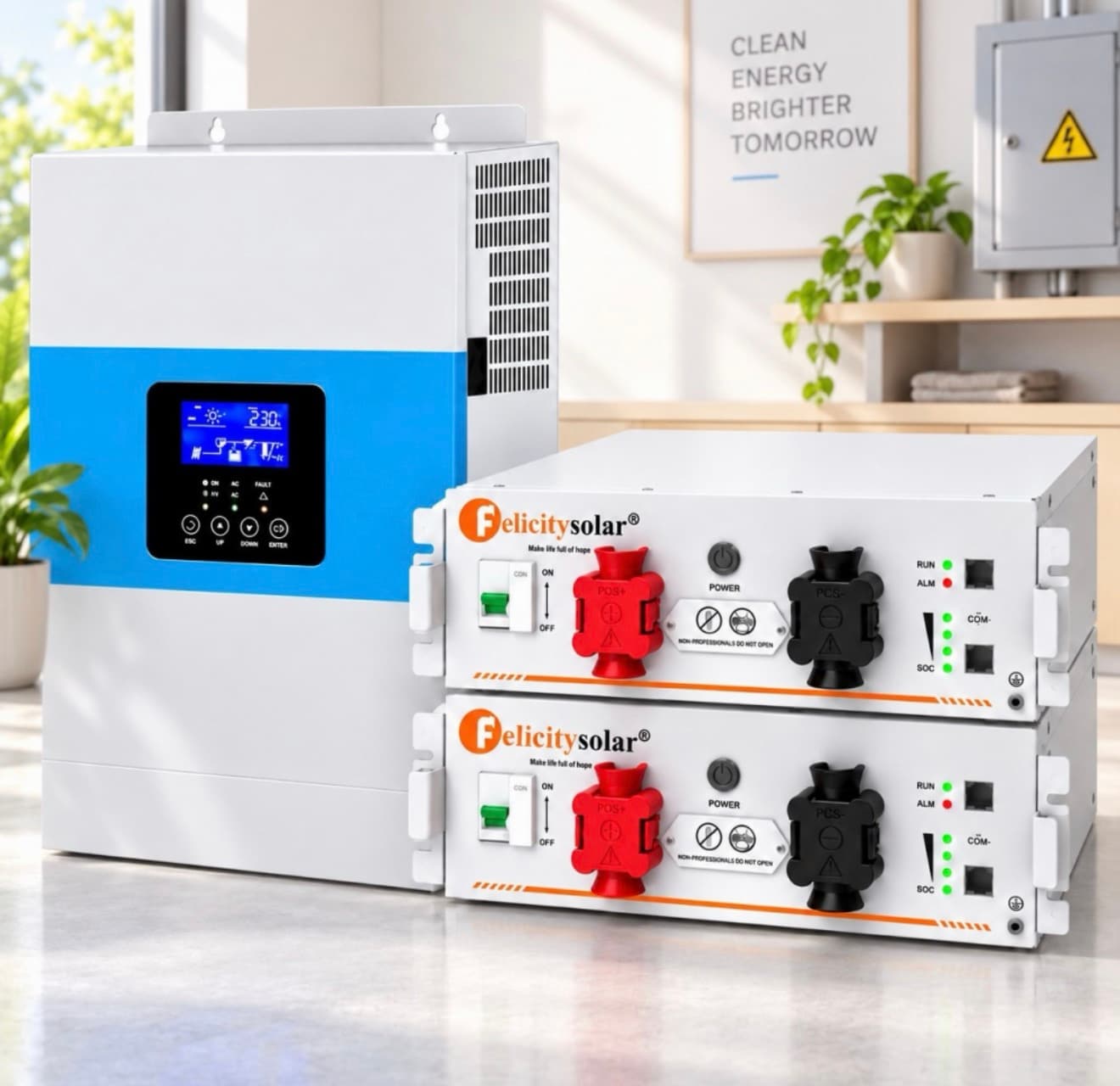 6.5 кВа LiFePO4 Felicity Solar Комплект резервного живлення:Гібридний інвертор Daxtromn SC-HFK-5500-48 + 2 акумулятора FLA48100UG1